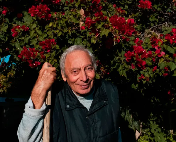 A smiling older man holding a walking stick in a garden full of red flowers.